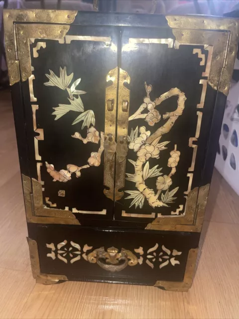 Antique/Vintage Black With Gold Images Chinese Jewelry Box With Mirror