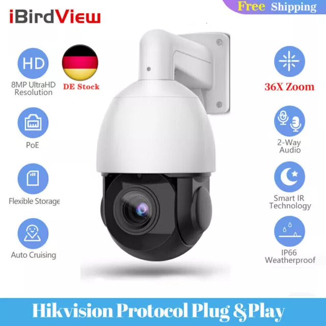 iBirdView 4K 8MP 36X Zoom POE PTZ IP Kamera 2-Wege Audio Hikvision Kompatible DE