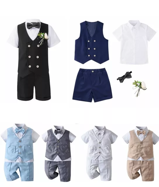 Toddler Kids Boy Party Short Sleeve Shirt Vest Shorts Bow Corsage Gentleman Suit