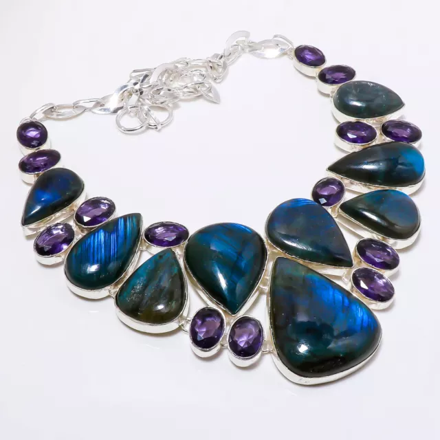 Blue Fire Labradorite African Amethyst Gemstone Jewelry Necklace 18" BN 5561