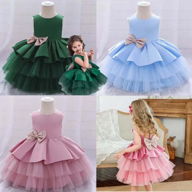 Baby Girls Bridesmaid Dress Flower Bowknot Party Wedding Tulle Dresses Princess