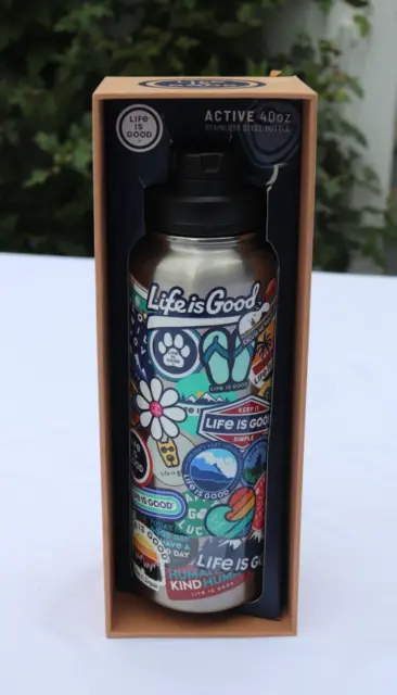 LIFE IS GOOD 40 oz TERMO/BOTELLA DE AGUA DE ACERO INOXIDABLE ""COLLAGE PEGATINA LIG""cp