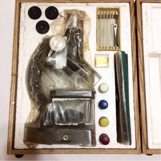 C.O.C Antique microscope set with wooden case Lenses slides etc height 30 cm