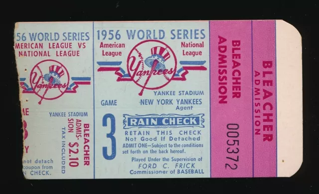 1956 WORLD SERIES Ticket Stub GAME 3 YANKEES v DODGERS JACKIE ROBINSON v MANTLE