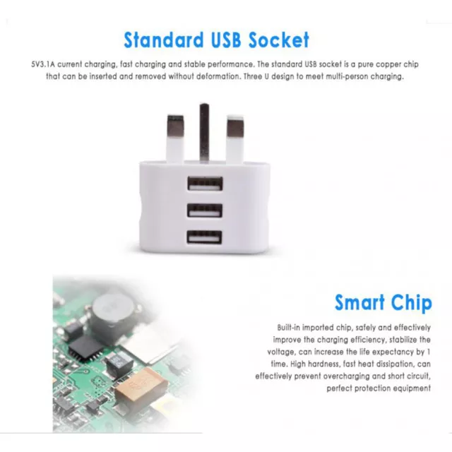 UK Plug Mains 3 Pin Plug Adapter Wall Charger USB Ports For Phones Tablets iPad 2