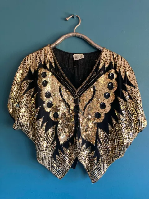 Vintage Silk & Sequence hand Beaded Butterfly Poncho Gold/Black