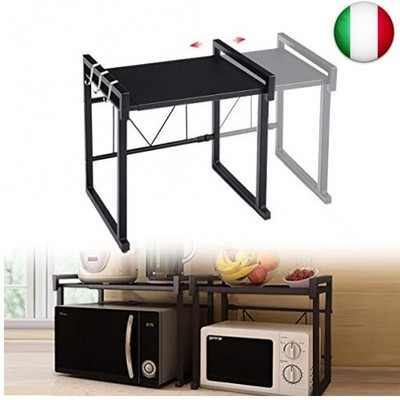 Scaffale per Forno a Microonde Allungabile Bancone della Cucina Supporto per Mensola a Microonde Organizzatore con 3 Ganci per Posizionare Microonde Forno Spezie 