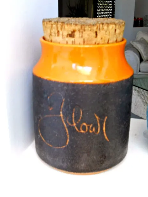 Vintage ceramic flour canister orange & brown lava glaze cork lid retro Hansten