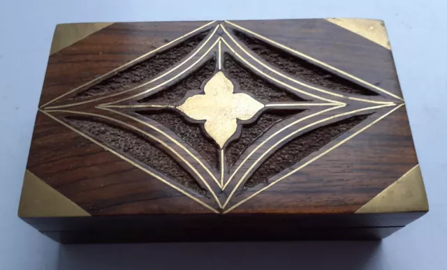 Handmade Dark Wood Lidded Trinket Box Brass Inlay Made In Dubai 13 x 8 x 4 cm