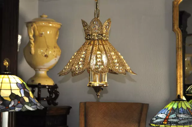 Vintage 1967 Gold Filigree Moroccan Boho Jeweled Hanging Lamp Plug In No Wiring