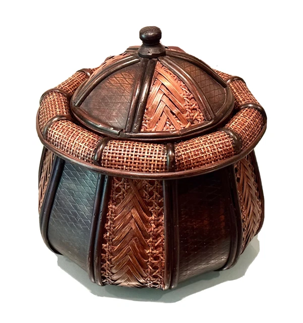 Vintage Unused Chinese Top Covered Straw Woven Decor Basket 12”H