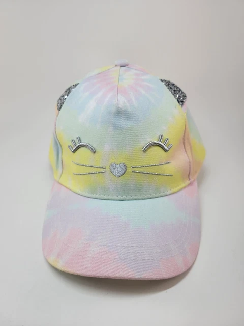 Girls Baseball Cat Cap in Pastel Tie Dye Kitty Face and Sparkly Ears Small