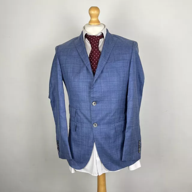 Hugo Boss Blazer Jacket Men's 46 36R Light Blue Linen Silk Check Lanificio