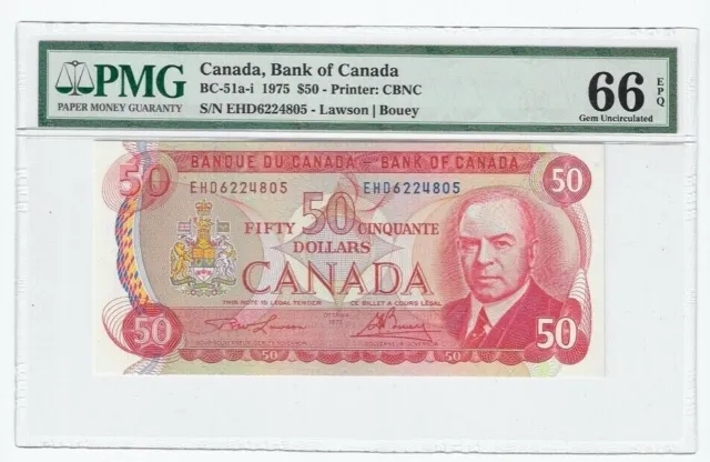 1975  Law/Bou BC-51a-i  $50 Note SN# EDH 6224805  PMG GEM UNC 66 EPQ