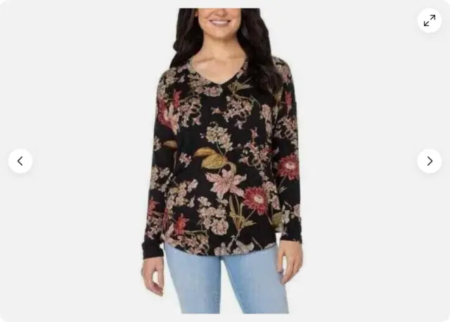 Well Worn Womens Soft V Neck Relaxed Long Sleeve Top Pullover(BLACK FLORAL M)NWT