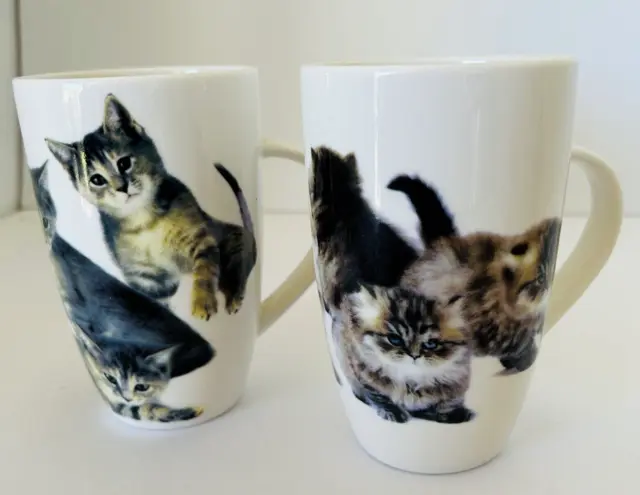 White Ceramic Coffee Mugs Tea Cups Featuring Adorable Kittens - PAIR