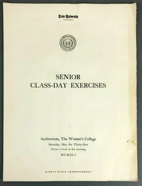 1941 Duke University Senior Class Day Exercises Program Student List Blue Devils