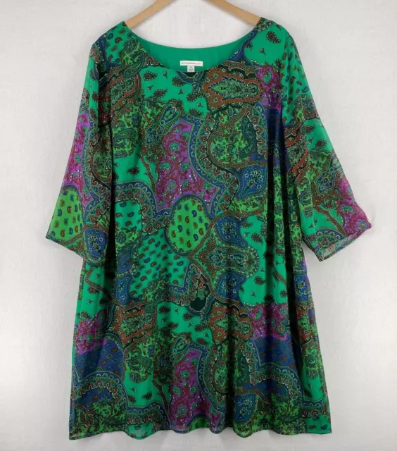 ISAAC MIZRAHI Dress 2X Plus LIVE Floral Paisley Shift Tunic 3/4 Sleeve Green