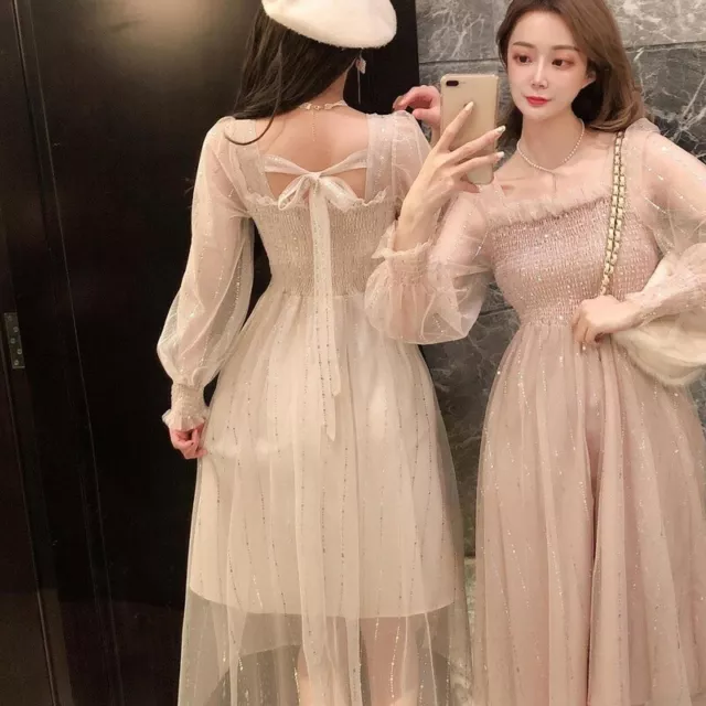 Donna a Righe Rete Abito Midi Puff Maniche a Balze Paillettes Fiocco Rétro Fairy