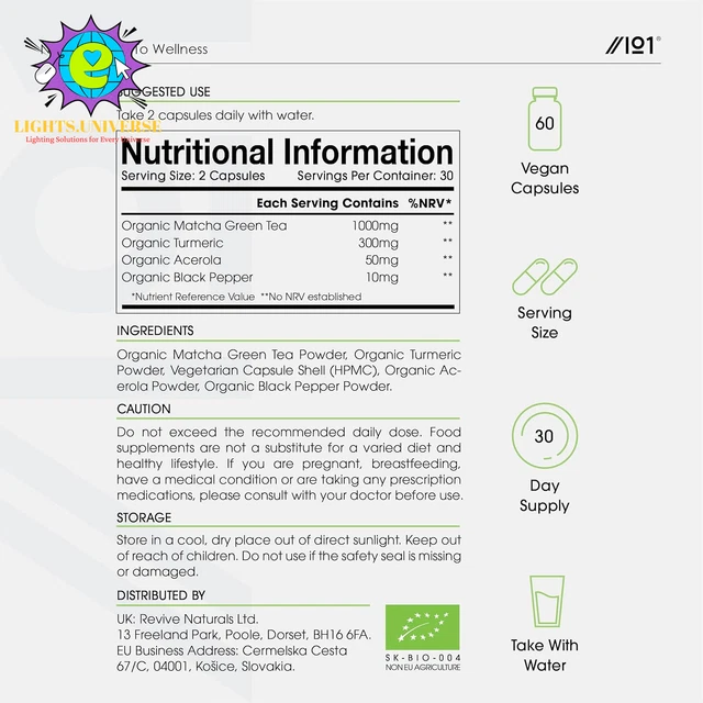 ORGANIC MATCHA GREEN Tea Extract 1360Mg 60 Capsules Boosted with