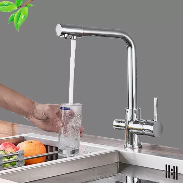 3 Way Water Filter Tap Kitchen Drinking Taps Sink Mixer Swivel Spout 2 Handles