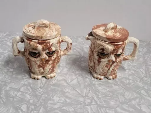 Vintage Handmade Alaska Clay Owl Decorative Cups With Lids