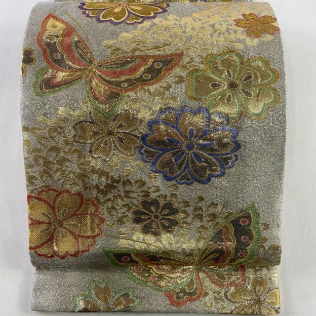 Japanese Kimono Obi Pure Silk Furisode Butterfly Cherry Blossom Gold For Formal