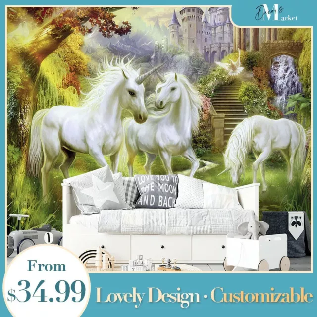 Unicorns Forest Kids Fantasy 3D Wall Mural Designer Removable Wallpaper Murals