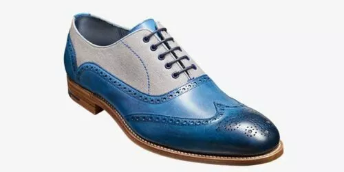 Men Handmade Shoes Two Tone Blue Leather & Grey Suede Oxford Wingtip Formal New