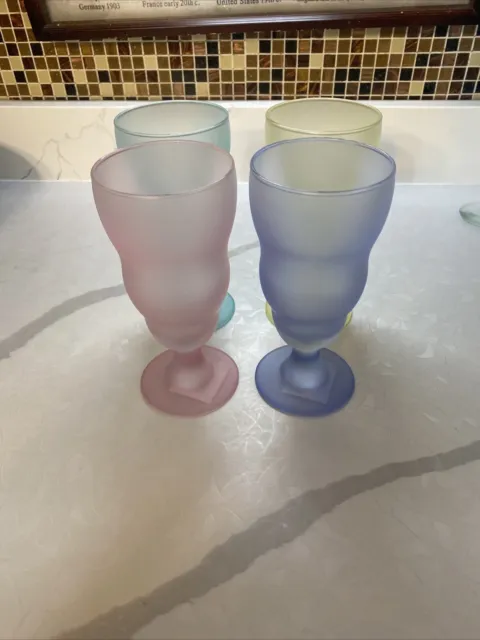 4 Libby Glasses Frosted Green, blueish yellow, & pink milkshake sundae parfait