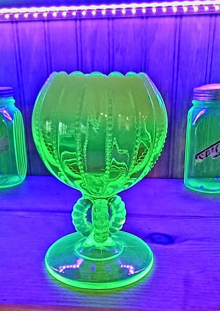 Rare Northwood Opalescent Yellow Vaseline Beaded Panel Glass Vase.
