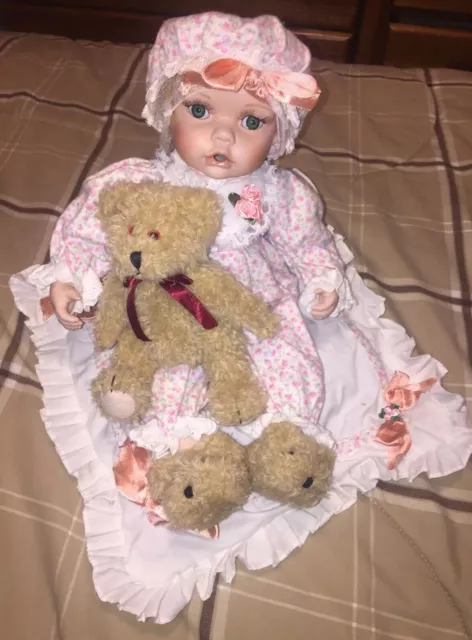 heritage signature collection porcelain doll Baby Courtney W/ Bear On Pillow EUC