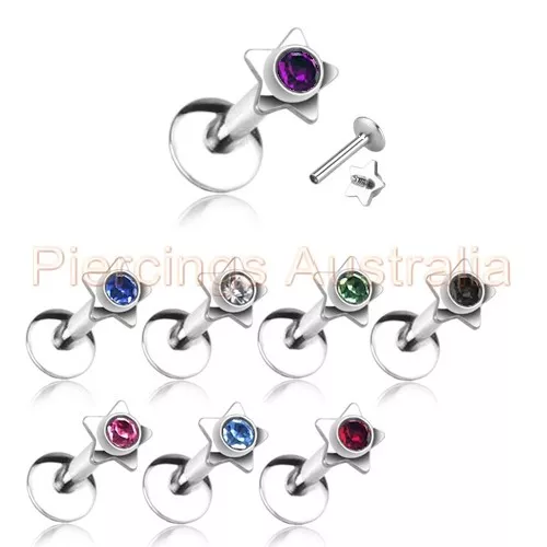 16G 8mm CZ Star Top Internally Threaded Labret Monroe Lip Bar Piercing Stud