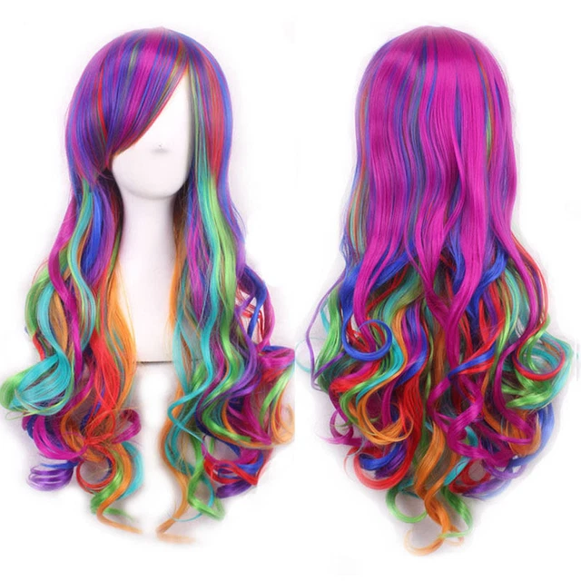 Women's Multi-Color Lolita Rainbow Long Curly Wavy Hair Cosplay Party Full Wigs