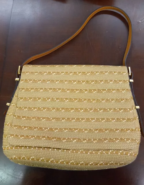 ERIC JAVITS Tan/Cream Woven Straw Leather Medium Squishee Shoulder Bag