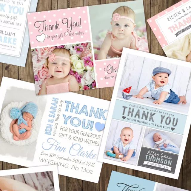 Personalised New Baby Thank You Cards / Announcement inc Envelopes + Photo (B1)