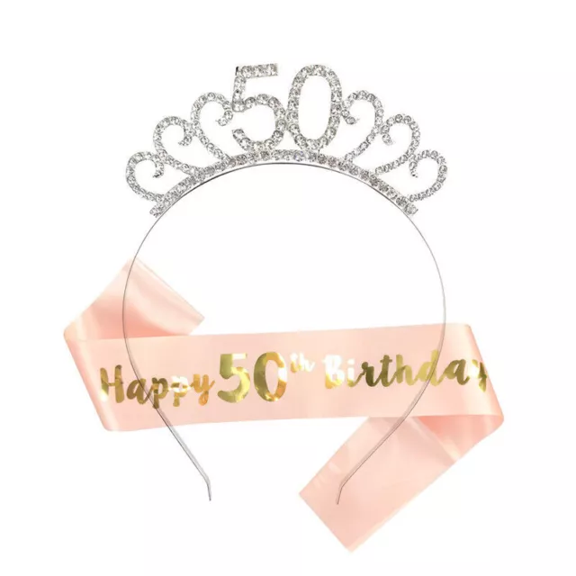 Happy Birthday Silver Tiara Headband Rose Gold Sash 18/30/40/50/60th Girls Crown