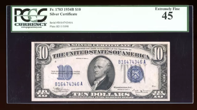 DBR 1934-B $10 Silver Vinson-signed Fr. 1703 PCGS 45 Serial B16474346A
