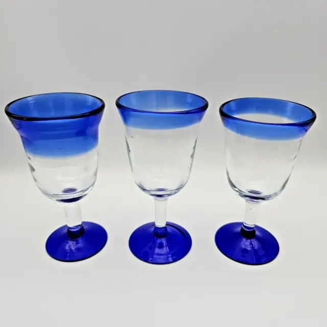 Mexican Hand Blown Cobalt Blue Rim & Base Set Of 3 Water Wine Glasses Goblets 3