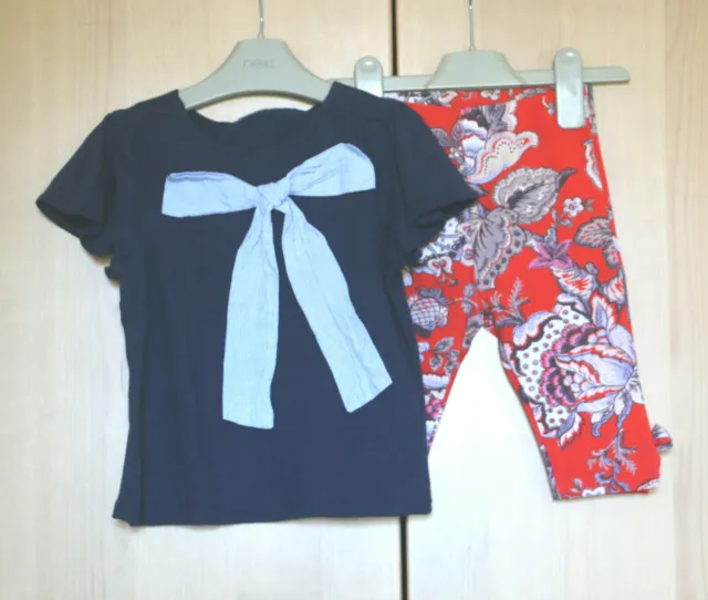 Next Girls Navy Stripe Bow Top & Red Floral Crop Leggings  Age 3-4 Years  BNWT