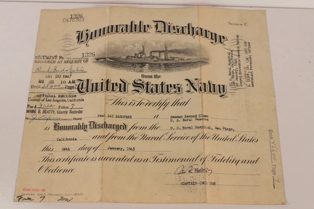 WW2 1947  Navy San Diego CA - Honorable Discharge Papers And Holder - Embossed
