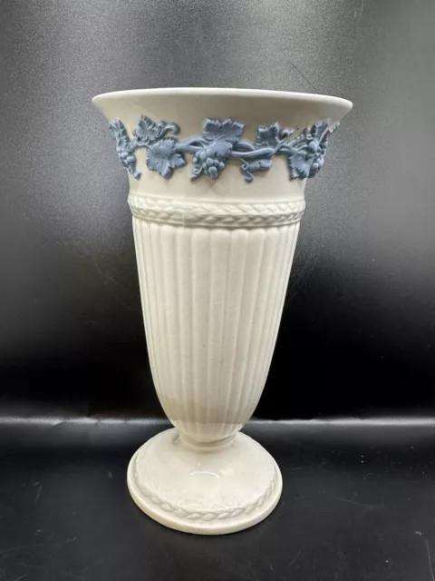 Wedgwood Queens Ware Embossed Vase Pale Blue on Cream Grapes Leaves 8” (AS IS) 2