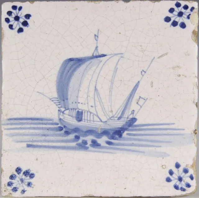 Nice Dutch Delft Blue tile, sailboat, 17th century.