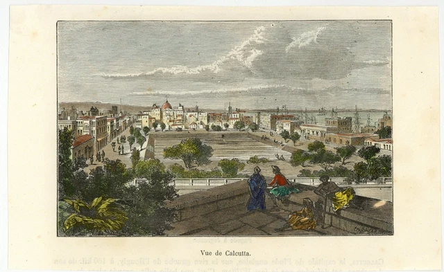 View of Calcutta India - 19th century watercolor press engraving 2