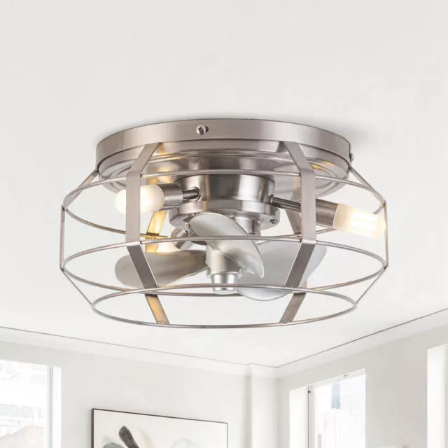 Industrial 3-Light Metal Cage Flush Mount Ceiling Fan with