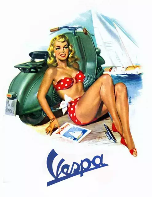 VESPA Vintage Pinup Girl Red Bikini CANVAS ART PRINT Retro Scooter 16"X 12"