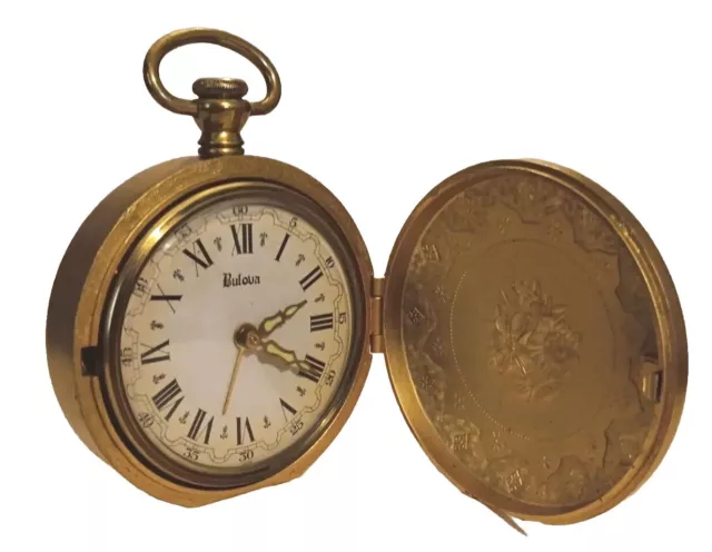 Bulova Japan Brass Pendant Alarm Clock Art Deco Floral Ormolu Hand Winding