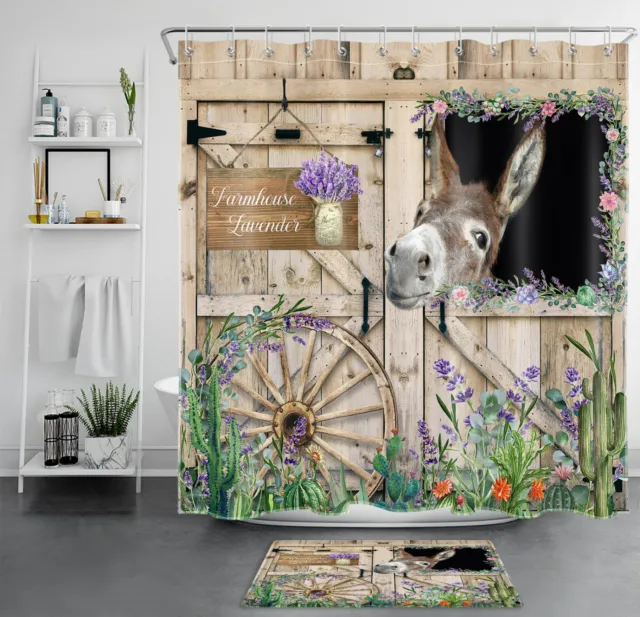 Cactus Floral Donkey Rustic Wood Barn Door Shower Curtain Set for Bathroom Decor