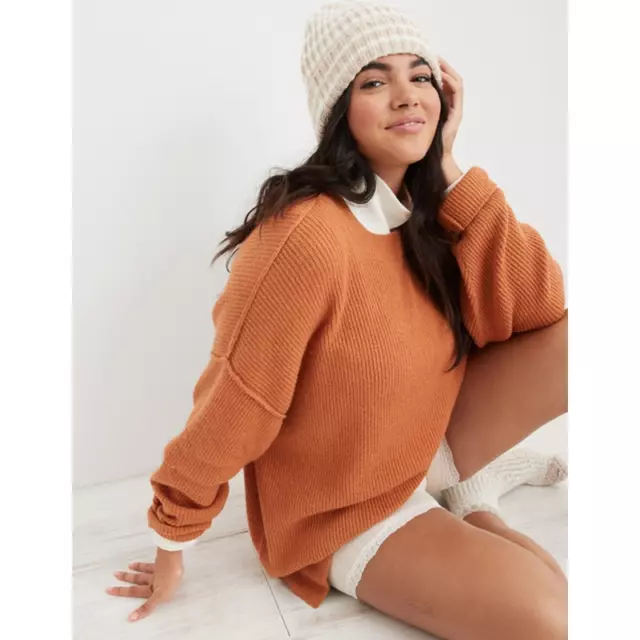 AERIE Cozy Ribbed Oversized Exposed Seam Pullover Sweater NWT XS Orange 2