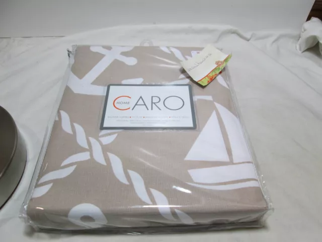 New Caro Home NAUTICAL Shower Curtain ~ Tan/White Sailboats, Anchors, Ship Wheel